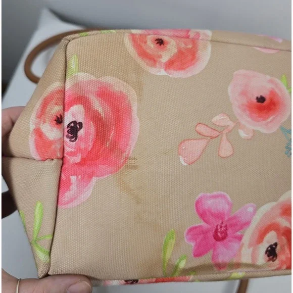 Tupperware Tote Bag Womens Large Tan Pink Floral Flower Print Shoulder Handbag - Picture 6 of 7